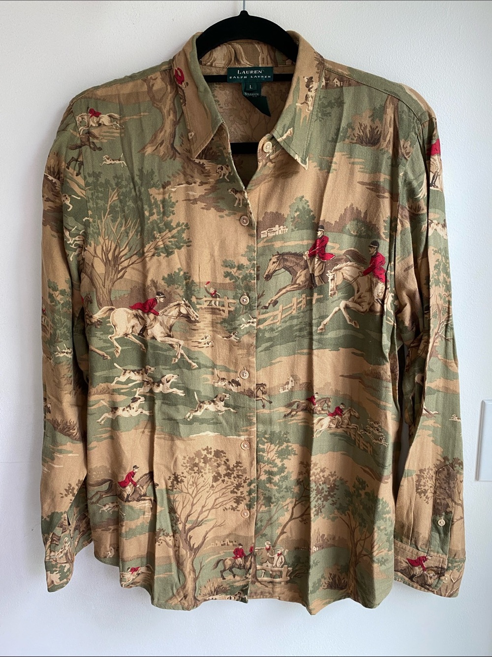 Vintage Lauren Ralph Lauren Hunting Scene Equestrian Shirt Long Sleeve Large